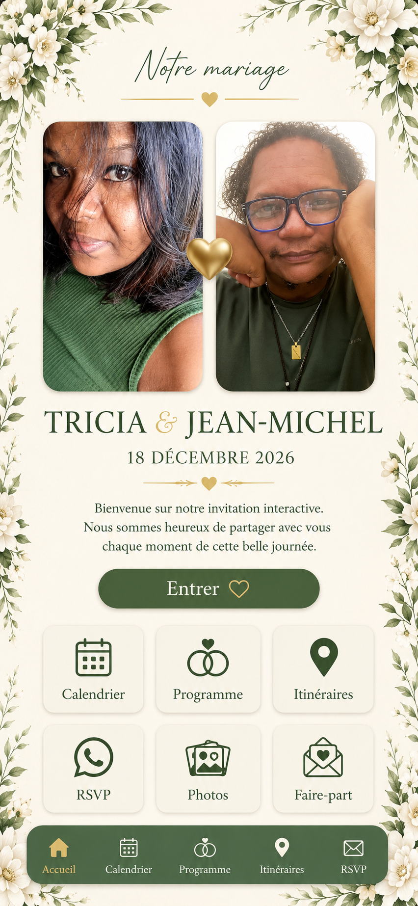 Accueil du mariage de Tricia et Jean-Michel, le 18 décembre 2026